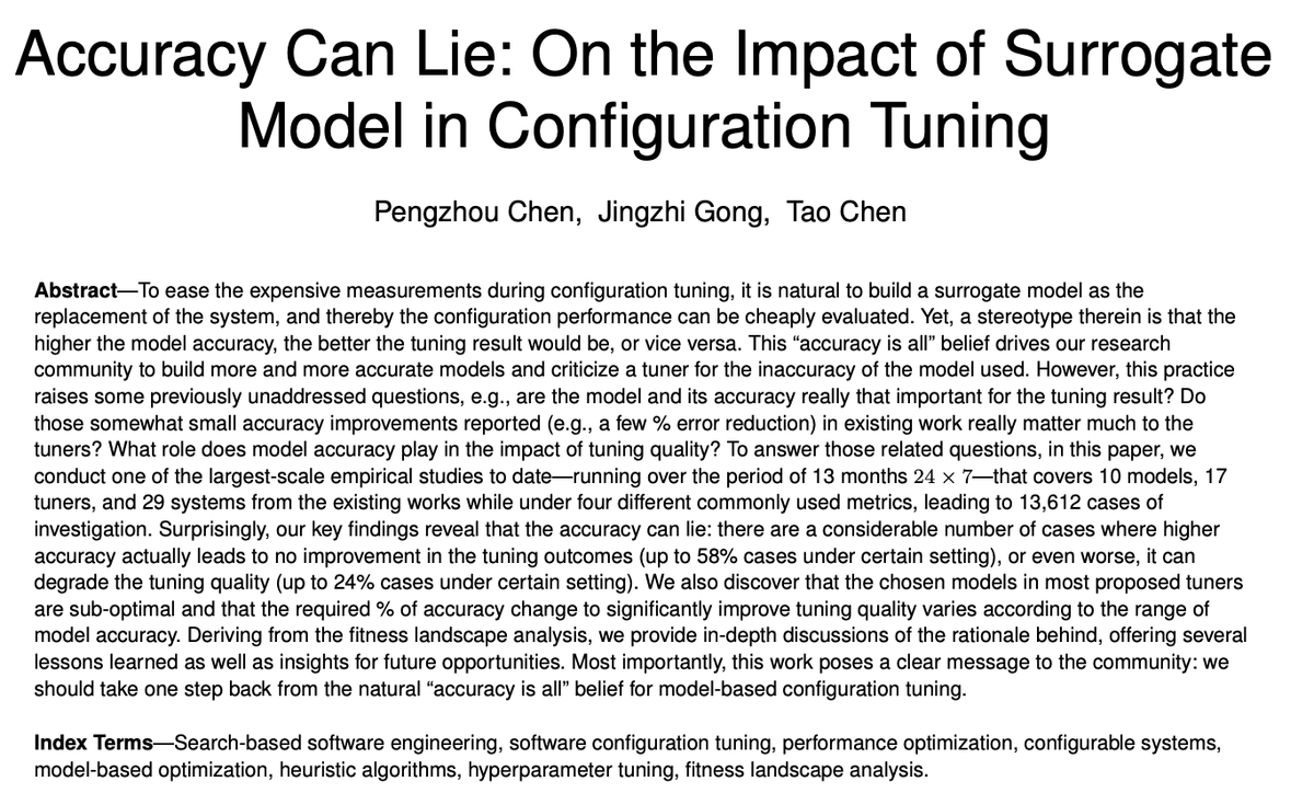 Tao Chen (@tao_chen_ideas) on Twitter photo “A more accurate model is often more useful for tuning configuration”. Our recent TSE paper <a href="/ieeetse/">IEEE Transactions on Software Engineering</a> challenges this general belief and show that it can be misleading: ieeexplore.ieee.org/abstract/docum…. We need better model evaluation that goes beyond accuracy! “A more accurate model is often more useful for tuning configuration”. Our recent TSE paper <a href="/ieeetse/">IEEE Transactions on Software Engineering</a> challenges this general belief and show that it can be misleading: ieeexplore.ieee.org/abstract/docum…. We need better model evaluation that goes beyond accuracy!
