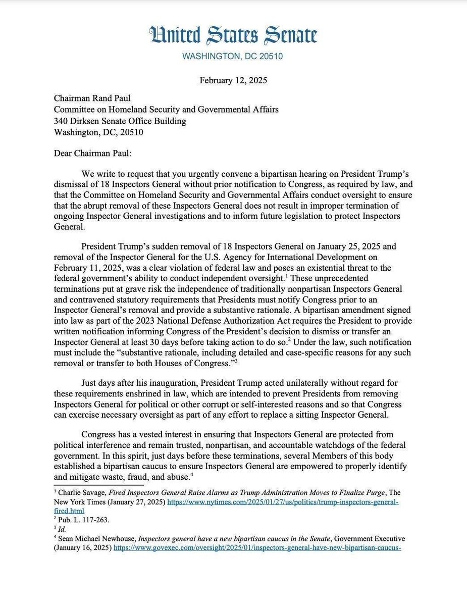 SenAdamSchiff's tweet photo. Donald Trump illegally fired 19 inspectors general.

The law requires notice to Congress and a case-by-case justification. It is not optional.

Congress must convene a bipartisan hearing to examine these unlawful acts and how they can be remedied. Immediately. https://t.co/IxNouRajoI