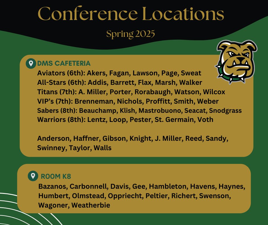 Our conferences continue tomorrow with scheduled team conferences in the morning and pop-ins in the afternoon. For afternoon sessions please use the media center entrance on the east side of the building.