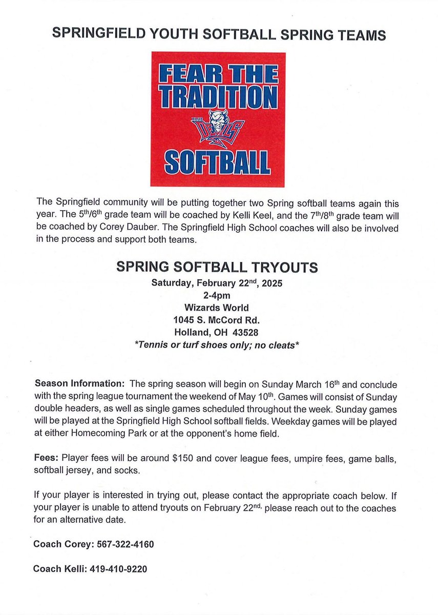 Springfield will be putting together a community team for the local spring league this year.  If you are interested in trying out, please contact one of the coaches below.