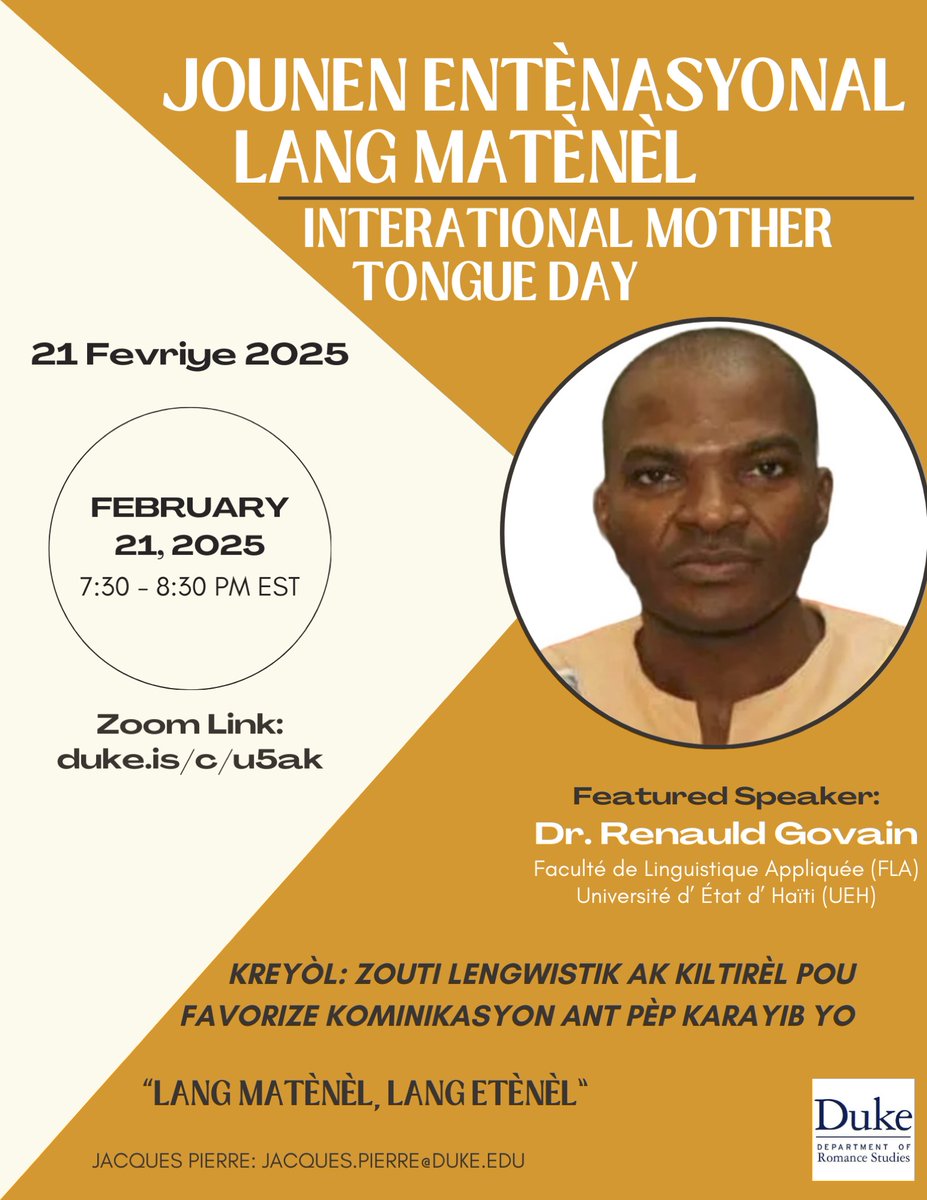Zanmi yo,
Mwen envite nou nan prezantasyon sa a mwen ap fè nan Duke University (sou zoom) nan okazyon Jounen entènasyonal lang matènèl, 21 fevriye. Mwen se envite <a href="/PJacquespie/">Jacques Pierre || AN NOU VIV AN/POU KREYÒL ❤️ 🇭🇹</a>
Nou ap kontan akeyi ou 
<a href="/LangSE_labo/">Laboratoire Langue, Société, Éducation - LangSÉ</a> <a href="/UEHAITI/">Université d'Etat d'Haiti</a> <a href="/Ueh_Konekte/">UEH Konekte</a> <a href="/leevensvilme/">Leevens Vilme</a> <a href="/MiyahEstime/">Miy🤎✨</a> <a href="/LitaineLaguerre/">Litainé Laguerre🇭🇹</a>