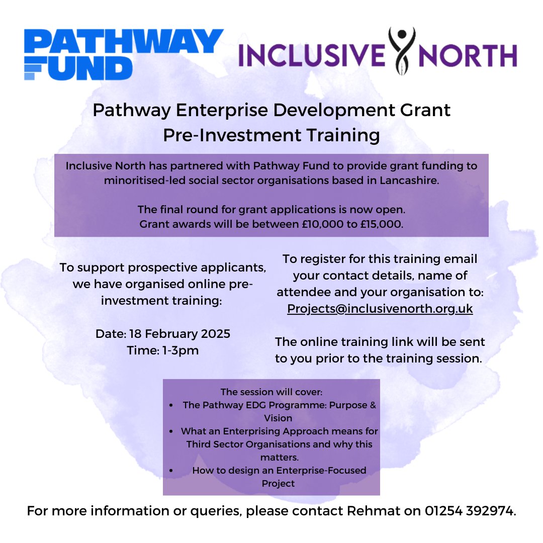 Pre-Investment Training
IN are offering training for those hoping to apply for funding under the Pathway Enterprise Development Grant.
18th February 2025: 1-3pm
To register, please email your name, contact details and organisation name to projects@inclusivenorth.org.uk