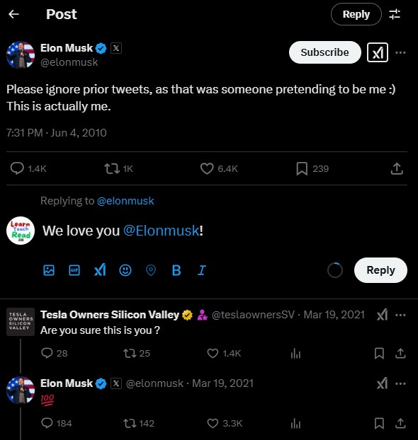 <a href="/elonmusk/">Elon Musk</a> first ever post on X (formally Twitter at the time). It's cool to be able to search first posts and see how things have changed! <a href="/teslaownersSV/">Tesla Owners Silicon Valley</a> <a href="/X/">X</a>
