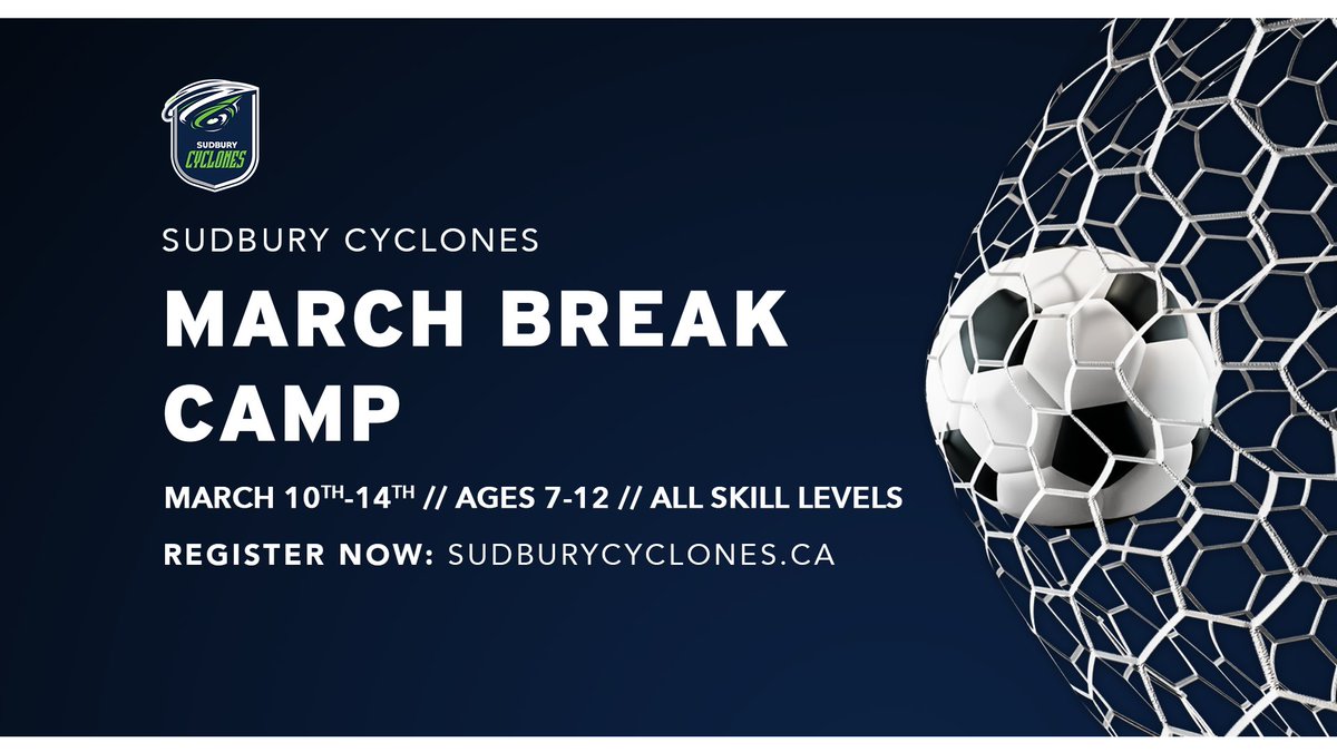 Registration for our March Break Camp is live!! 🌀

The Sudbury Cyclones March Break Camp is for all skill levels.
It runs from 9am-11am daily at the Lancer Dome.
All participants will receive a March Break Cyclones t-shirt.

🔗: sudburycyclones.ca