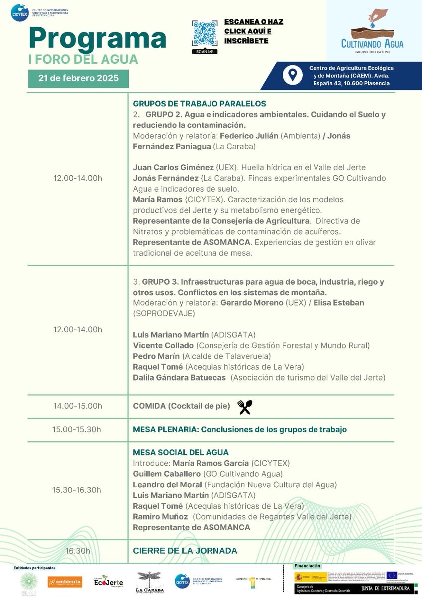 I FORO DEL AGUA 
21 de Febrero de 2025
En el Centro de Agricultura Ecológica de Plasencia  a las 9 h 
Inscripción forms.gle/K5gzrp9FtMkUQa…