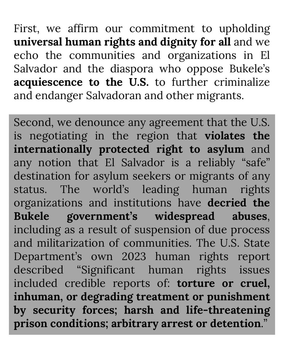 #PressRelease | El Salvador’s authoritarian president Nayib Bukele, is positioning the country as the U.S.’s principal partner in Trump’s campaign of criminalization. Our statement below ⬇️ (1/2 🧵)