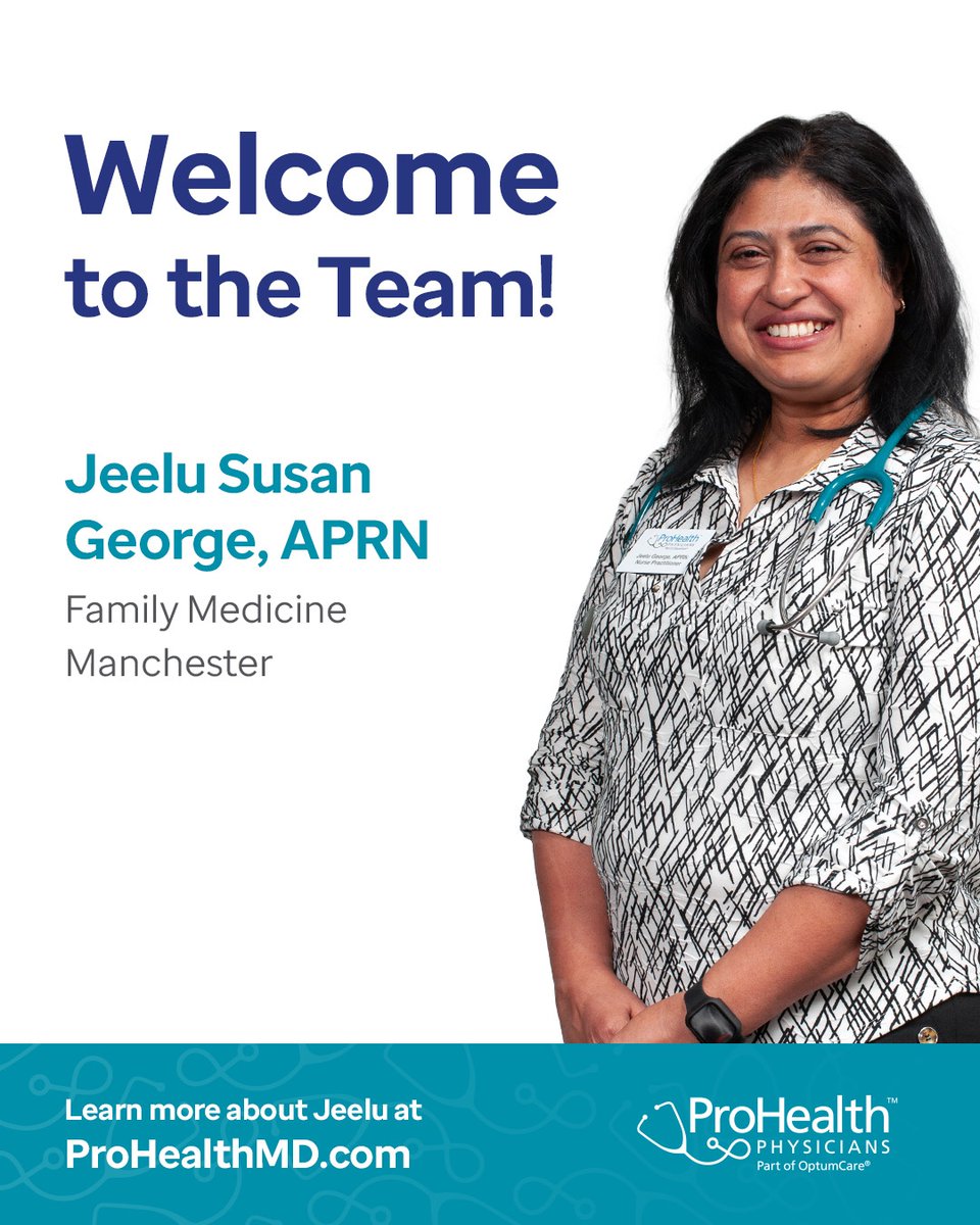 Please join us in welcoming Jeelu Susan George, APRN, to ProHealth Physicians in Manchester. Jeelu offers thoughtful, patient-focused care for all ages, from babies to seniors. She has a strong background in heart health and is passionate about helping patients stay well. 

Je...