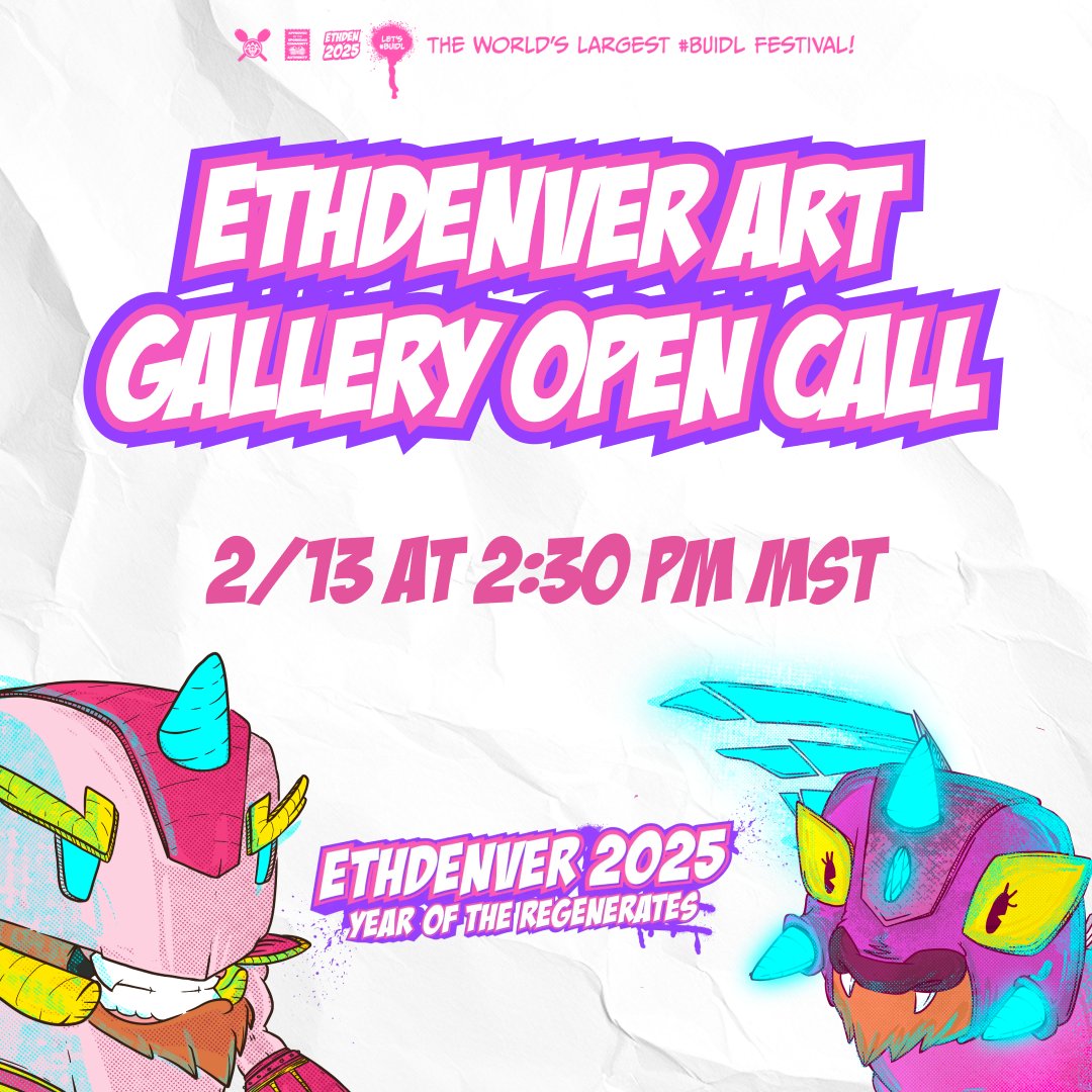 ETHDenver 🏔🦬🦄 (@ethereumdenver) on Twitter photo ART is the 💜 of ETHDenver
We’ve extended the deadline for the ETHDenver Art Gallery Open Call to Feb. 15!
And we’re bringing in Artistic Director <a href="/cryptoartsy/">Jessica Angel</a> and our friends at <a href="/SuperchiefNFT/">SuperchiefGalleryNFT</a> - THE 1ST NFT GALLERY IN THE WORLD, to kick things up a notch!
Come hang with us ART is the 💜 of ETHDenver
We’ve extended the deadline for the ETHDenver Art Gallery Open Call to Feb. 15!
And we’re bringing in Artistic Director <a href="/cryptoartsy/">Jessica Angel</a> and our friends at <a href="/SuperchiefNFT/">SuperchiefGalleryNFT</a> - THE 1ST NFT GALLERY IN THE WORLD, to kick things up a notch!
Come hang with us
