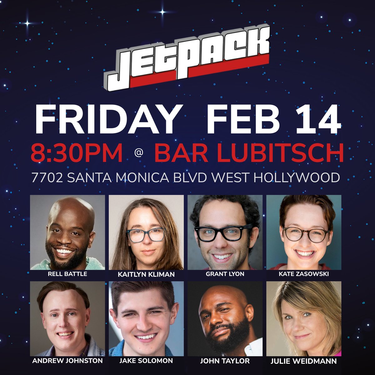 Jetpack Comedy (@jetpackcomedy) on Twitter photo ❤️🚀❤️Jetpack is for lovers ❤️🚀❤️
Come smile so hard your face hurts with us this Friday at <a href="/BarLubitsch/">Bar Lubitsch</a>.
@rellbattle <a href="/_andrewjohnston/">Andrew Johnston</a> @GrantLyon1 <a href="/katezasowski/">Kate Zasowski</a> <a href="/johntaylorshow/">JOHNTAYLORSHOW</a> <a href="/Jake_Solomon_/">Jake Solomon</a> <a href="/julieweidmann/">julie weidmann</a>
Get tickets: jetbook.co/e/jetpack-come… ❤️🚀❤️Jetpack is for lovers ❤️🚀❤️
Come smile so hard your face hurts with us this Friday at <a href="/BarLubitsch/">Bar Lubitsch</a>.
@rellbattle <a href="/_andrewjohnston/">Andrew Johnston</a> @GrantLyon1 <a href="/katezasowski/">Kate Zasowski</a> <a href="/johntaylorshow/">JOHNTAYLORSHOW</a> <a href="/Jake_Solomon_/">Jake Solomon</a> <a href="/julieweidmann/">julie weidmann</a>
Get tickets: jetbook.co/e/jetpack-come…