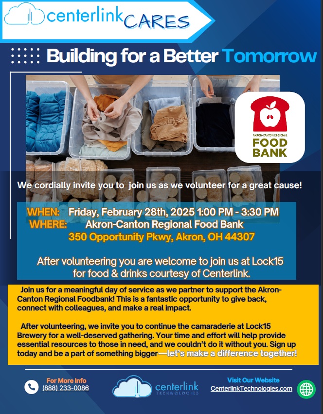 CenterlinkTech's tweet image. Join us in giving back! We’re thrilled to partner with the Akron-Canton Regional Foodbank for a day of service! Make a real impact while connecting with amazing people. After, celebrate with food &amp;amp; drinks at Lock15 Brewery, courtesy of Centerlink! #CenterlinkCares #AkronFoodbank