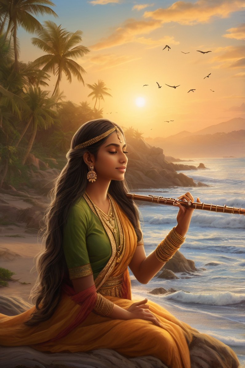 IwuchukwuAlex's tweet image. A moment of pure serenity. 🌊🎶 An Indian girl plays her flute by the seashore, as birds gather, and the ocean whispers in harmony. Nature, music, and peace in perfect balance.
#AIArt #SereneBeauty @ALX_Africa #AIStarterKit
