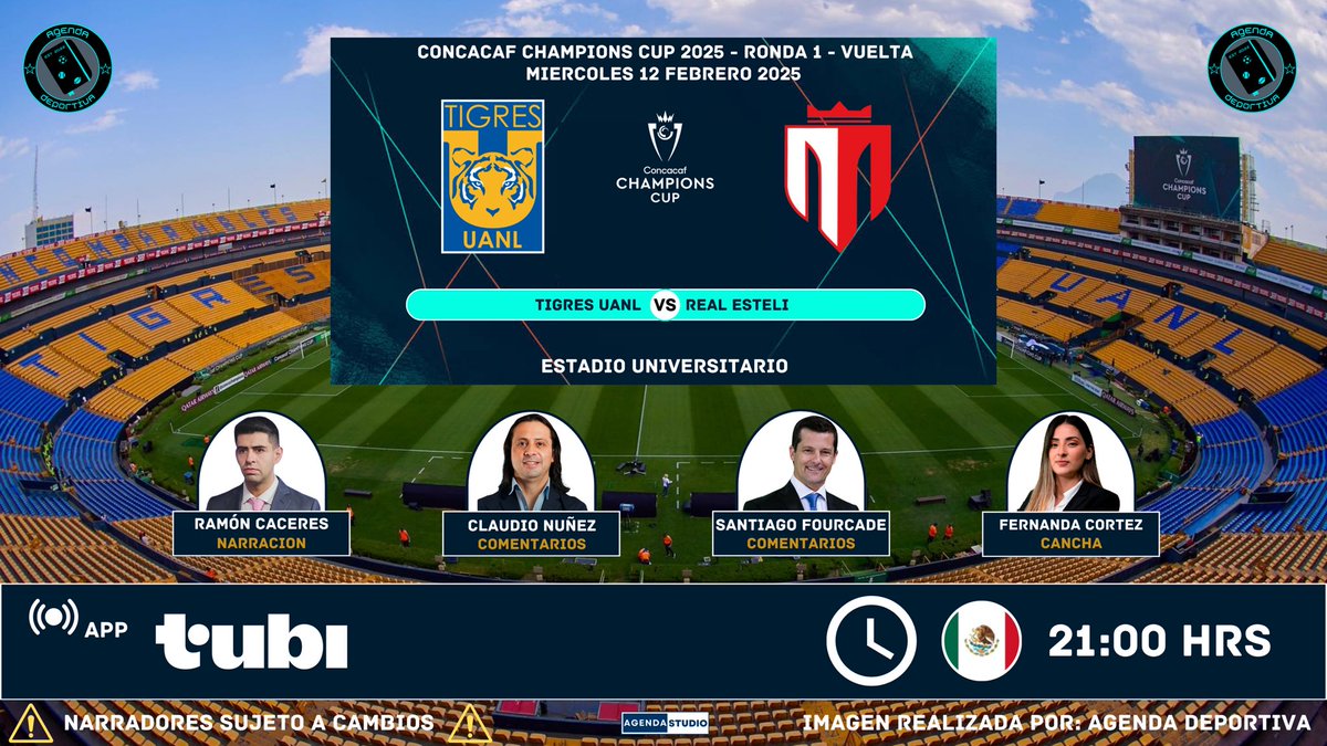 AgendaDeport22's tweet photo. #CONCACAF #ChampionsCup - Ronda 1 - Vuelta
Transmisión: México 🇲🇽
#Tigres vs #RealEsteli
📺 #Tubi
🎙️@reymonero
📝@DiabloNunez16
📝@santiago4kd
🏟️@FernandaCortezM
#AgendaDeportiva https://t.co/3RdzLfWFxC