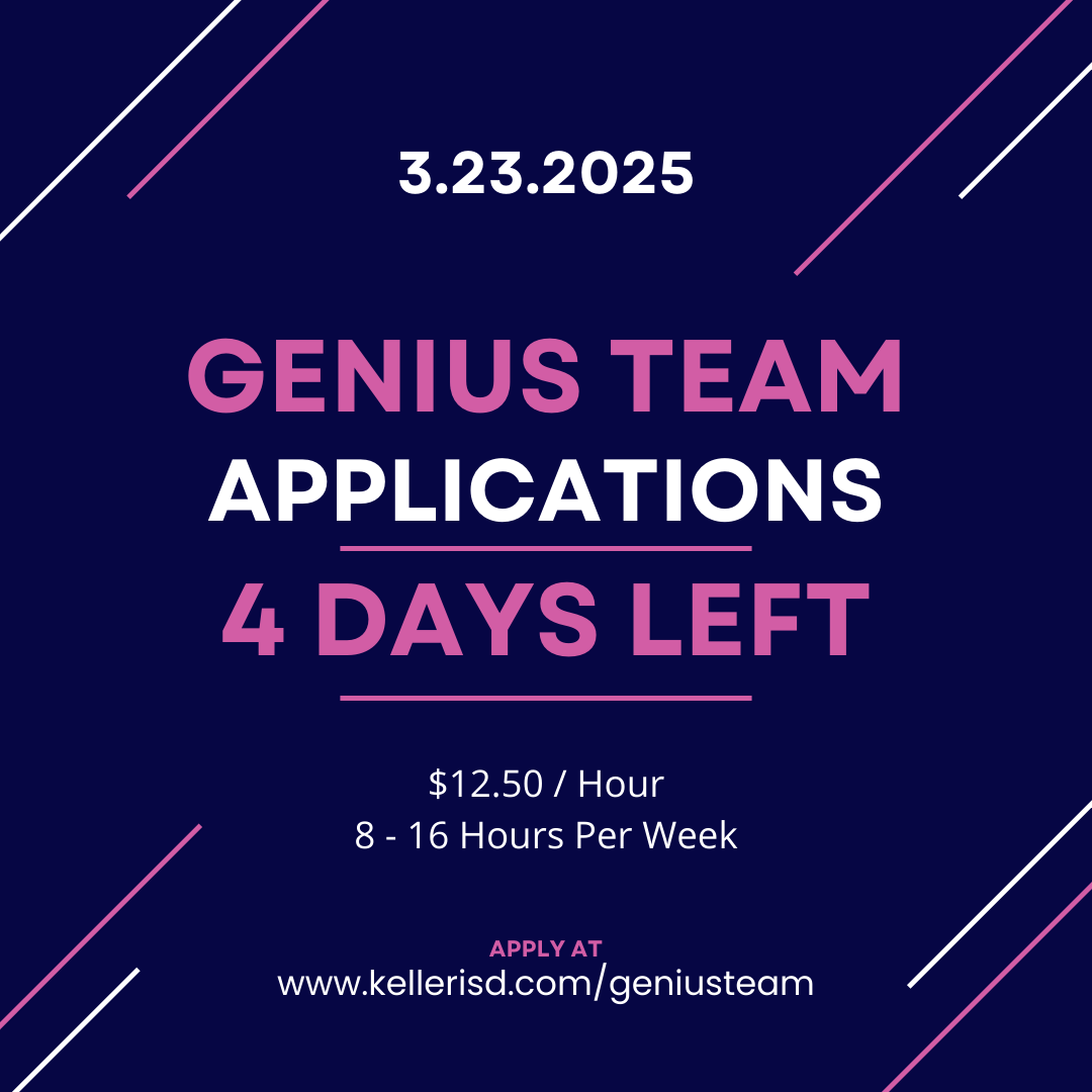 KISD Genius Team (@kisdgeniusteam) on Twitter photo 4️⃣ more days to apply for the 2025-2026 KISD Genius Team! 💡
9️⃣th-1️⃣1️⃣th graders apply by March 2️⃣3️⃣rd at this link: kellerisd.net/geniusteam.
<a href="/EdTechKISD/">EdTechKISD</a>
#EdTechKISD 4️⃣ more days to apply for the 2025-2026 KISD Genius Team! 💡
9️⃣th-1️⃣1️⃣th graders apply by March 2️⃣3️⃣rd at this link: kellerisd.net/geniusteam.
<a href="/EdTechKISD/">EdTechKISD</a>
#EdTechKISD