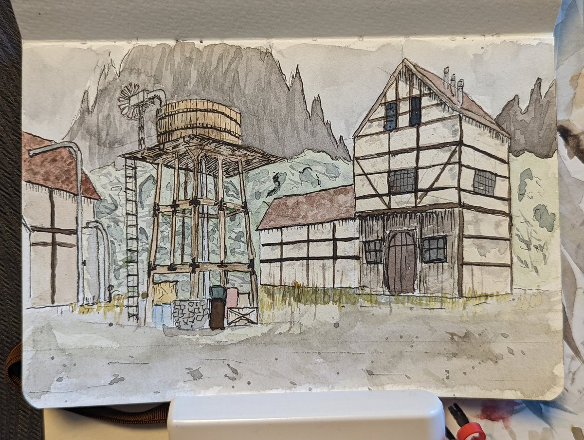 Lhet's tweet image. Next sketchbook is tied to our FF7 rebirth playthrough - using screenshots as references. Starting with Nibelheim and Kalm. Learning perspective has helped a lot with my confidence in not making everything an exact copy.  Also this paper is treating me a lot better.