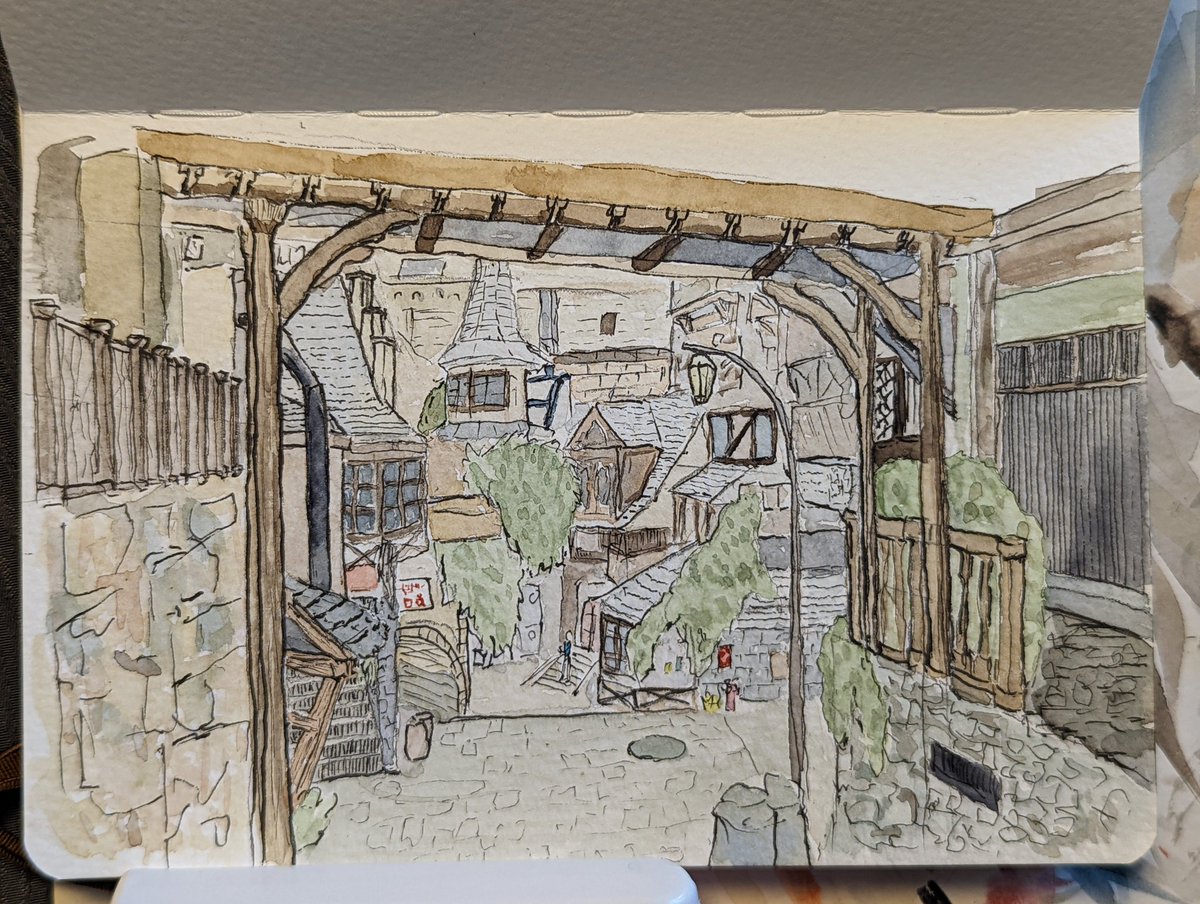 Lhet's tweet image. Next sketchbook is tied to our FF7 rebirth playthrough - using screenshots as references. Starting with Nibelheim and Kalm. Learning perspective has helped a lot with my confidence in not making everything an exact copy.  Also this paper is treating me a lot better.