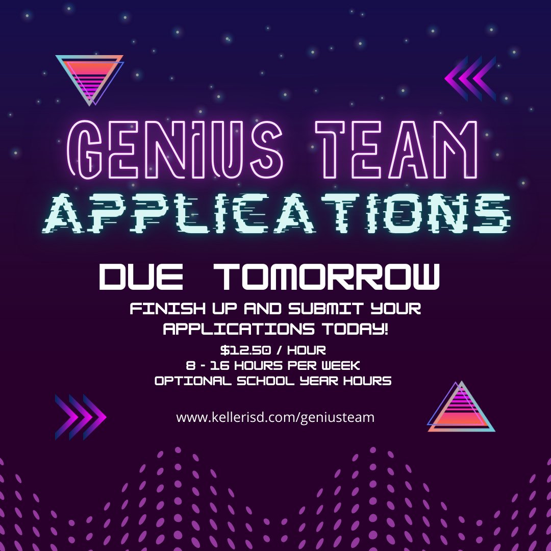 KISD Genius Team (@kisdgeniusteam) on Twitter photo Today is the last day - apply for the 2025-2026 KISD Genius Team! 💡
9️⃣th-1️⃣1️⃣th graders apply by March 2️⃣3️⃣rd at this link: kellerisd.net/geniusteam.
<a href="/EdTechKISD/">EdTechKISD</a>
#EdTechKISD Today is the last day - apply for the 2025-2026 KISD Genius Team! 💡
9️⃣th-1️⃣1️⃣th graders apply by March 2️⃣3️⃣rd at this link: kellerisd.net/geniusteam.
<a href="/EdTechKISD/">EdTechKISD</a>
#EdTechKISD