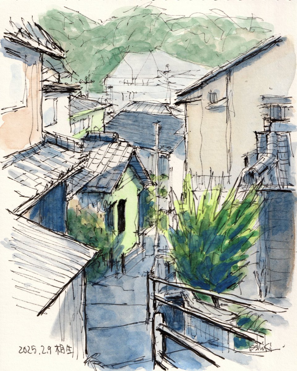 ペン水彩画 兵庫県相生市の風景 「山に囲まれた港町の路地」 F0