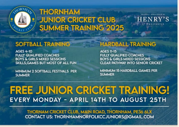 Junior Training starts on the 14th April sponsored by Henry’s of Hunstanton 

All our training in 2025 is completely free and we can not wait to welcome lots of you down 

Creating a legacy for the next generation