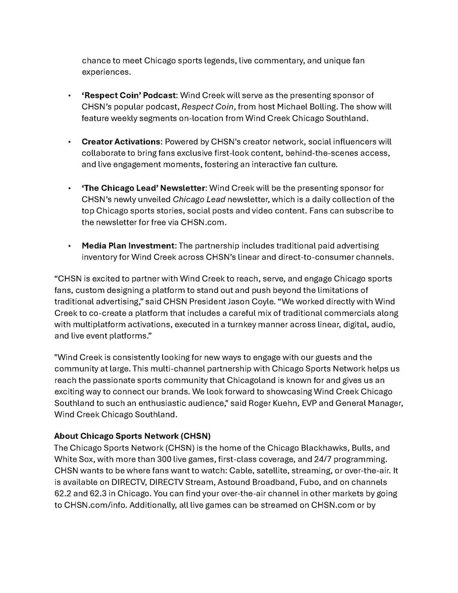 CHSN_Media's tweet image. CHSN and Wind Creek Chicago Southland today announced a groundbreaking new multi-platform partnership beginning immediately bringing Chicago sports fans an exciting array of exclusive sports content, fan activations, and live broadcast experiences.