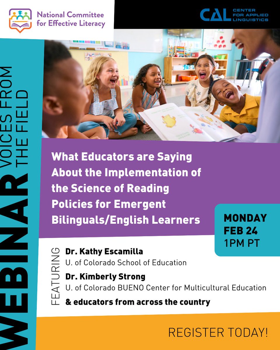 CalTog's tweet image. Join NCEL + @CAL_Linguistics on 2/24 for a webinar discussing findings from a landmark report on the implementation of Science of Reading policies. Hear from educators about how these policies impact their ability to support #EnglishLearners. Register:
us02web.zoom.us/webinar/regist…