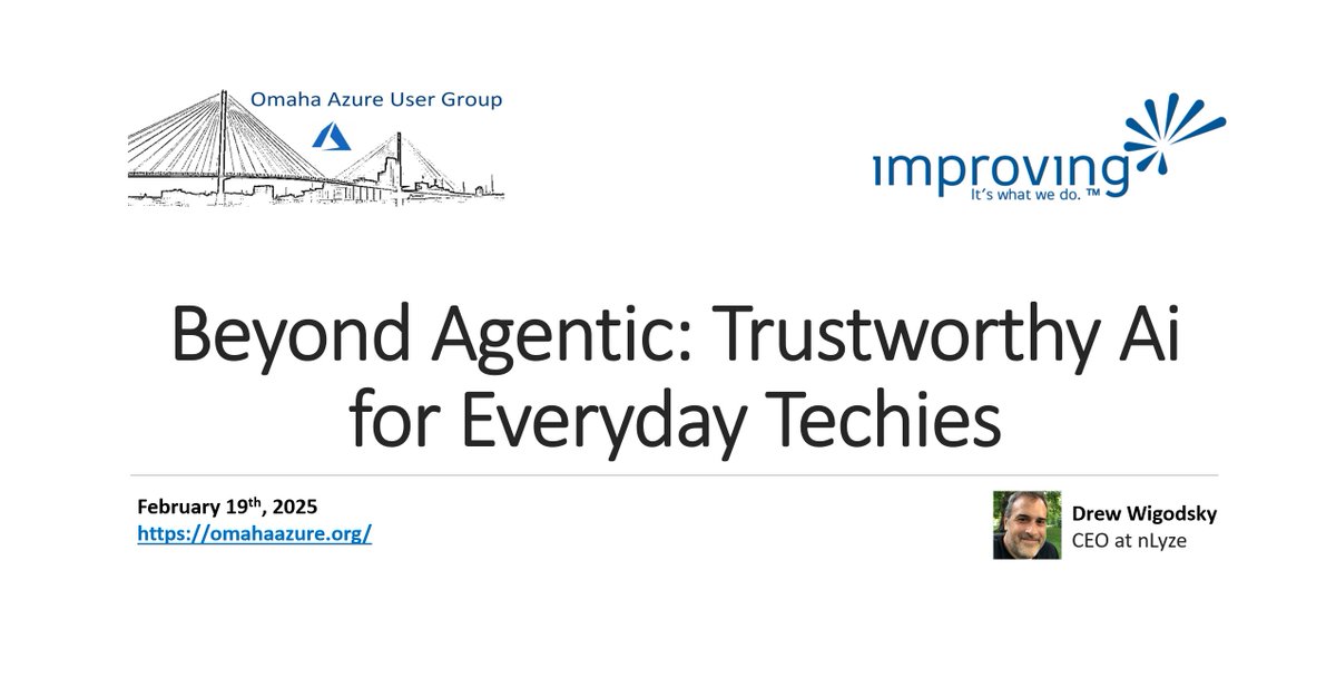 Our next meeting will be on February 19 at 6 PM CT. Drew Wigodsky from nLyze will be our guest speaker, discussing the state of secure AI and highlighting current advancements and future initiatives. @Improving will sponsor the meeting. More details here:
omahaazure.org/omaha-azure-us…