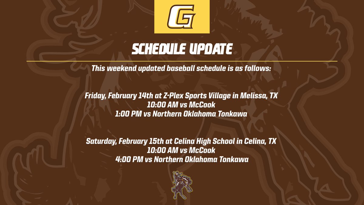 This weekend updated  baseball schedule is as follows:

Friday, February 14th in Melissa, TX 
10 AM vs McCook
1 PM vs Northern Oklahoma Tonkawa

Saturday, February 15th  in Celina, TX
10 AM vs McCook
4 PM vs Northern Oklahoma Tonkawa