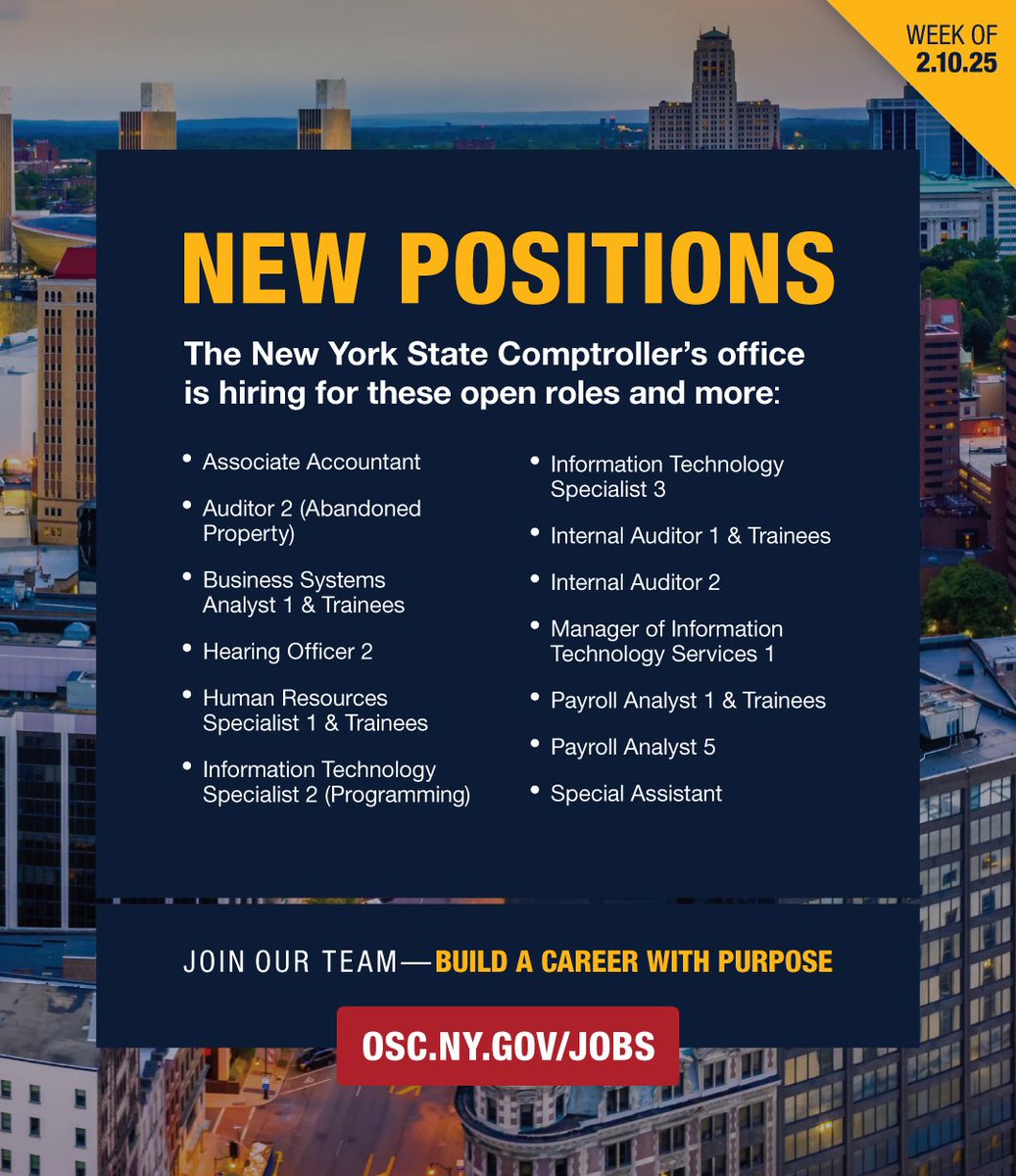 The State Comptroller's office is hiring! Whether you're new to government or looking to advance your career, there may be a position for you on our team.   

Learn more about our work, why it matters and how you can be part of it at osc.ny.gov/jobs.