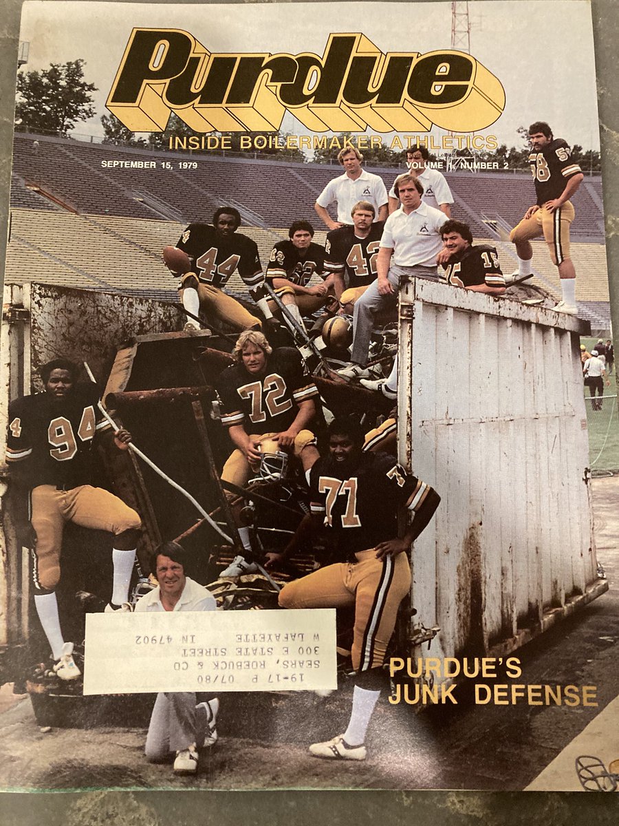 BrianPeloza's tweet photo. A blast from the past I feel @TomDienhart1 would enjoy. The “Junk Defense” of Purdue. Inside story has nice photo featuring legend @Renrut58. But the fun part I overlooked at first is the address label - this was a copy sent to the old Sears in the Levee! https://t.co/5Yp0bsHQR1