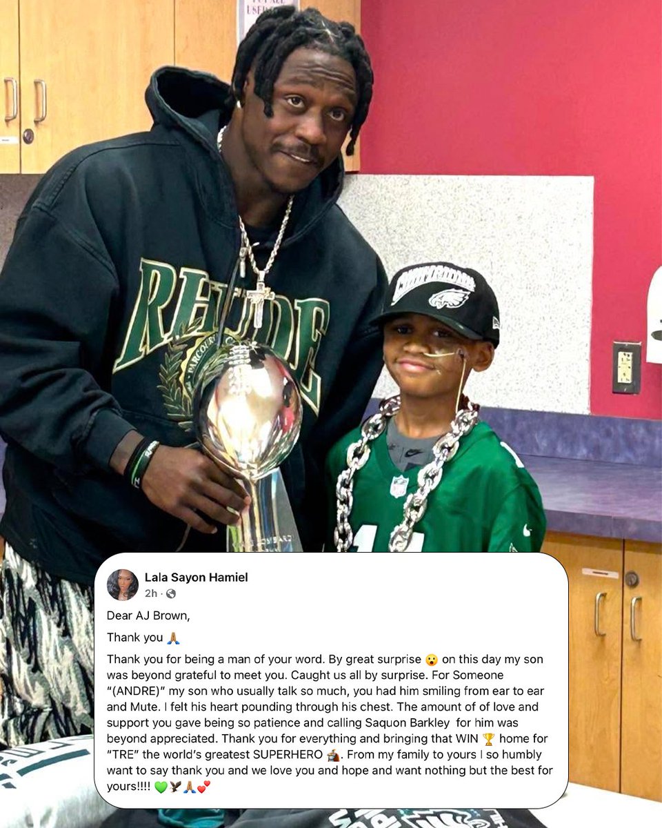 .<a href="/1kalwaysopen_/">AJ BROWN</a> stayed true to his promise of visiting this young hero 💚🤍 

(via Lala Sayon Hamiel/FB)