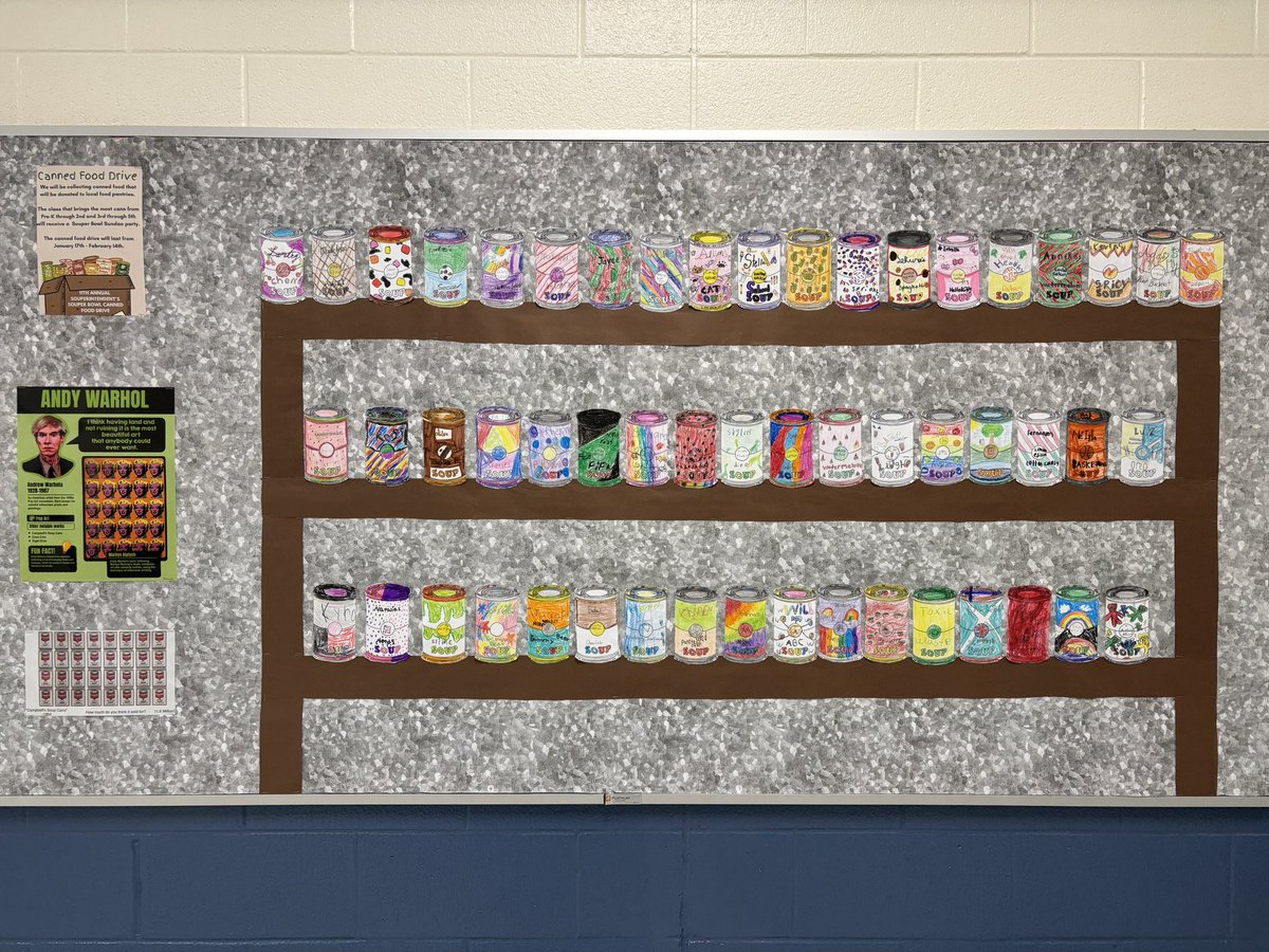 CUpton0's tweet photo. The Andy Warhol inspired can art display is up! Each student created their own limited edition soup flavor, which they designed their can to represent. This aligned with the 11th Annual Superintendent's Souper Bowl.

@BurkeCoSchools @MVESbobcats
#ignitelearningbcps #allinBCPS https://t.co/clfNTjxTHR