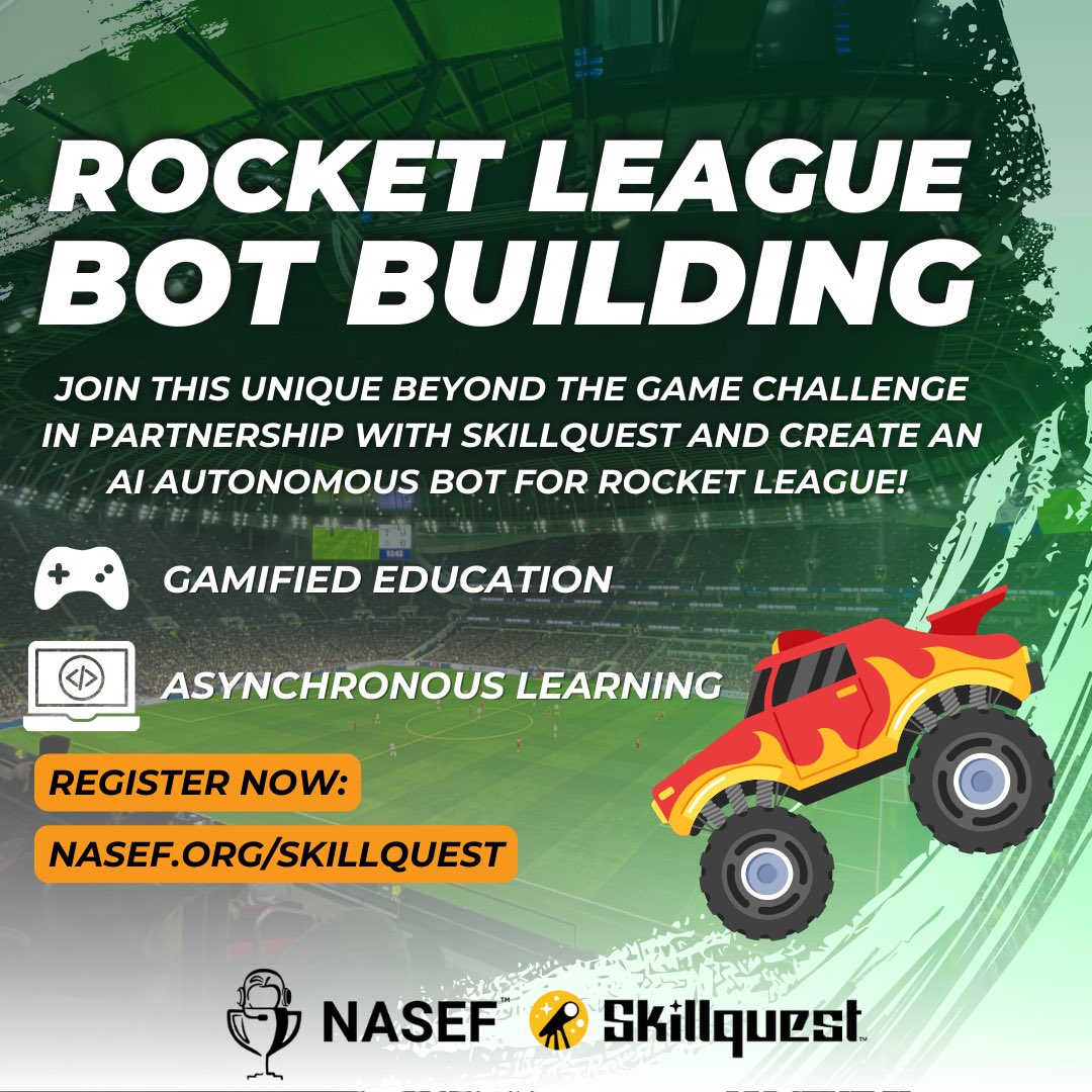 NASEFedu's tweet photo. Have a passion for Rocket League? Join the NASEF x Skillquest: Rocket League Bot Building Beyond the Game Challenge! ๐๏ธ
Customize your own Rocket League bot while learning to code in this asynchronous 7-week course ending in a virtual tournament! ๐
#NASEF #SkillQuest #RocketLeague