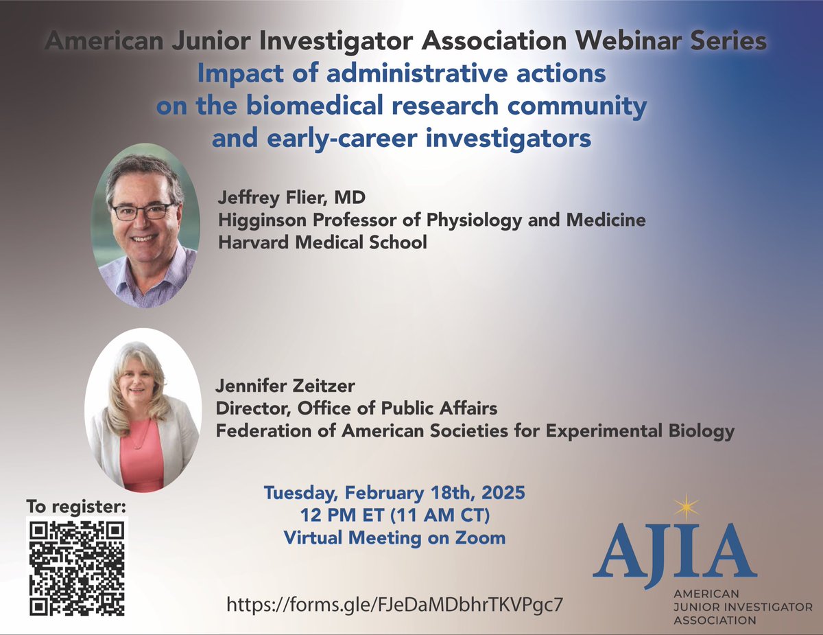 American Junior Investigator's Association (AJIA) (@ajiaorg) on Twitter photo Concerned about the state of federal funding? Join us for AJIA webinar: Impact of administrative actions on the biomedical research community & early-career investigators w/ Jeffrey Flier former <a href="/harvardmed/">Harvard Medical School</a> Dean and Jennifer Zeitzer <a href="/FASEBorg/">FASEB</a> 2/18 12 pm ET forms.gle/FJeDaMDbhrTKVP… Concerned about the state of federal funding? Join us for AJIA webinar: Impact of administrative actions on the biomedical research community & early-career investigators w/ Jeffrey Flier former <a href="/harvardmed/">Harvard Medical School</a> Dean and Jennifer Zeitzer <a href="/FASEBorg/">FASEB</a> 2/18 12 pm ET forms.gle/FJeDaMDbhrTKVP…