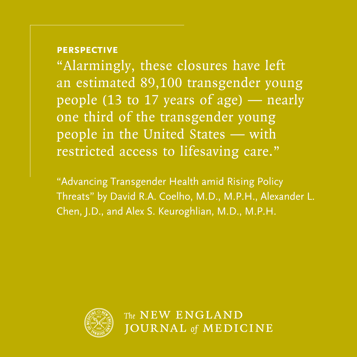 NEJM (@nejm) on Twitter photo The current U.S. political landscape poses escalating challenges for transgender health, write the authors of a new Perspective. Clinicians, researchers, policymakers, and advocates can act to counteract regressive policies. Read the Perspective by <a href="/david_racoelho/">David Coelho</a>, MD, MPH, The current U.S. political landscape poses escalating challenges for transgender health, write the authors of a new Perspective. Clinicians, researchers, policymakers, and advocates can act to counteract regressive policies. Read the Perspective by <a href="/david_racoelho/">David Coelho</a>, MD, MPH,