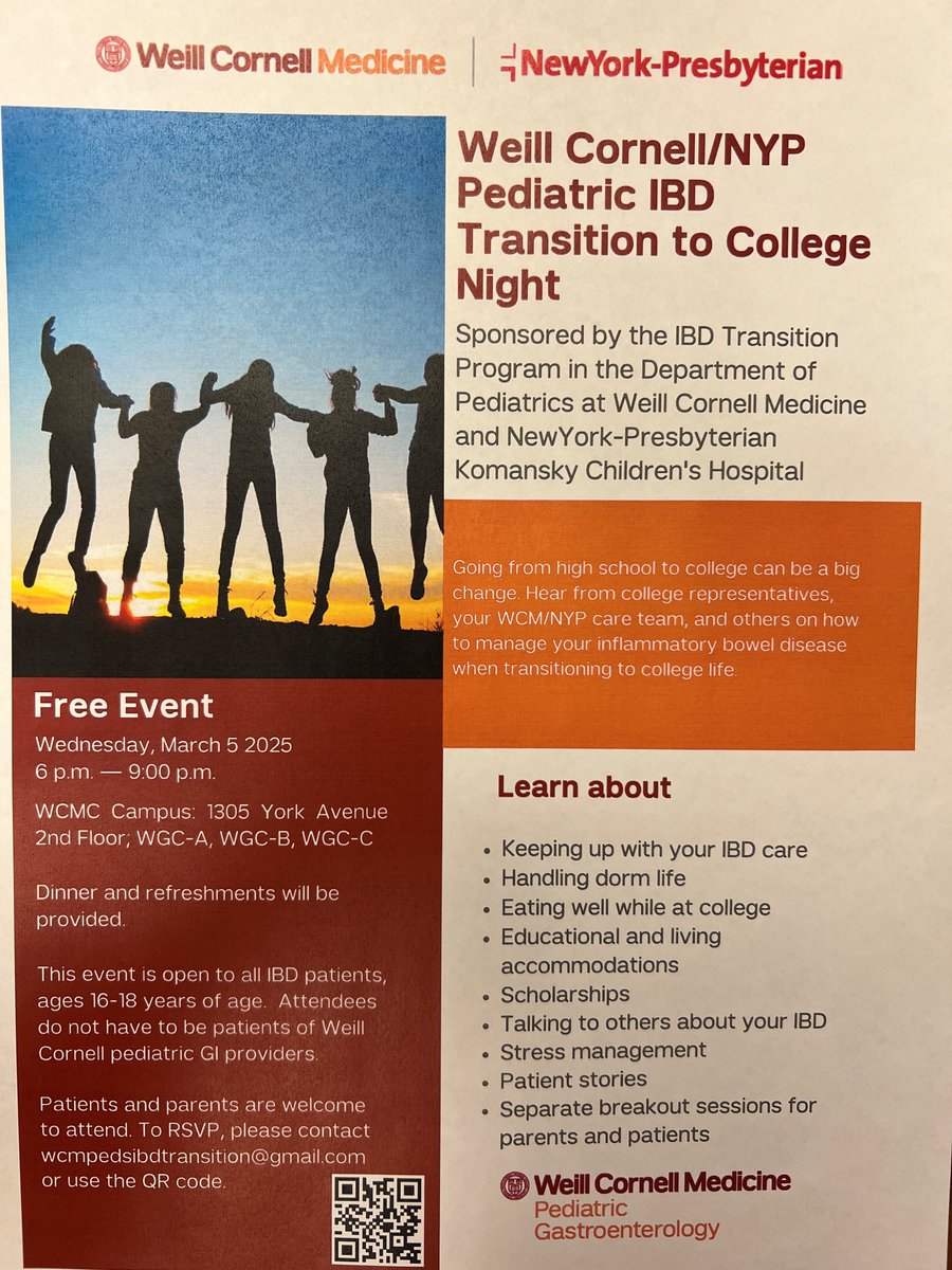 Kimberley Chien (@kchienmd) on Twitter photo Excited for our #pediatric #IBD #transition to college night on March 5 6-9p at the NYP/Weill Cornell campus. We welcome all IBD patients ages 16-18 in the tri-state area. RSVP by link below or email wcmpedsibdtransition@gmail.com
forms.gle/9hcdhmAReyNS7G… Excited for our #pediatric #IBD #transition to college night on March 5 6-9p at the NYP/Weill Cornell campus. We welcome all IBD patients ages 16-18 in the tri-state area. RSVP by link below or email wcmpedsibdtransition@gmail.com
forms.gle/9hcdhmAReyNS7G…