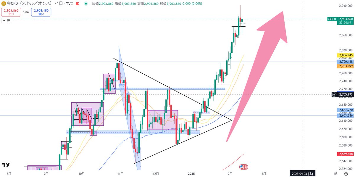 ReinoHonsyouDa's tweet image. 2月13日のGOLD分析です✨

昨日は、シナリオ通り進んでいたものの・・・
結果は、下髭の長い陽線📈

振り返ると、CPIの結果上振れ＝GOLD下落で良い感じ📉📉
しかし、CPI後のトランプさんの発言「金利は低下すべきだ」
金利低下＝GOLD上昇📈📈って事で、シナリオ破綻・・・損切💦…
