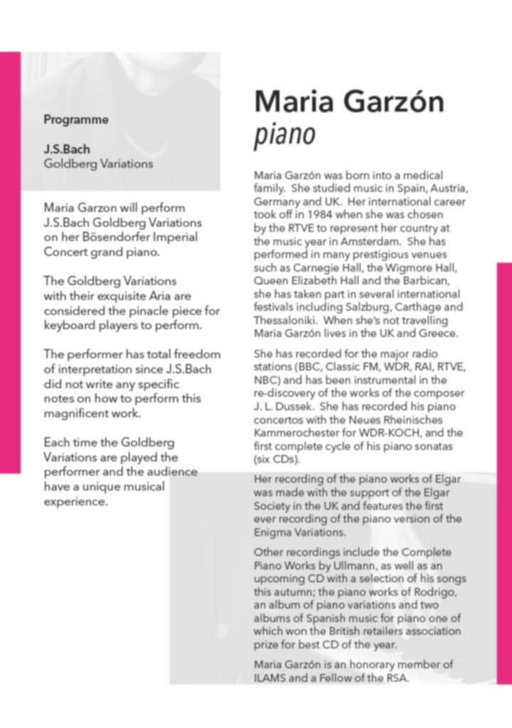 Philip Godfrey (@pgtipsytoes) on Twitter photo Exciting piano recital taking place <a href="/SherriffCentre/">The Sherriff Centre</a> in London NW6 on Sunday March 2nd, 7.30pm.
BACH COMES TO WEST HAMPSTEAD:
Maria Garzon plays Bach's Goldberg Variations. Exciting piano recital taking place <a href="/SherriffCentre/">The Sherriff Centre</a> in London NW6 on Sunday March 2nd, 7.30pm.
BACH COMES TO WEST HAMPSTEAD:
Maria Garzon plays Bach's Goldberg Variations.