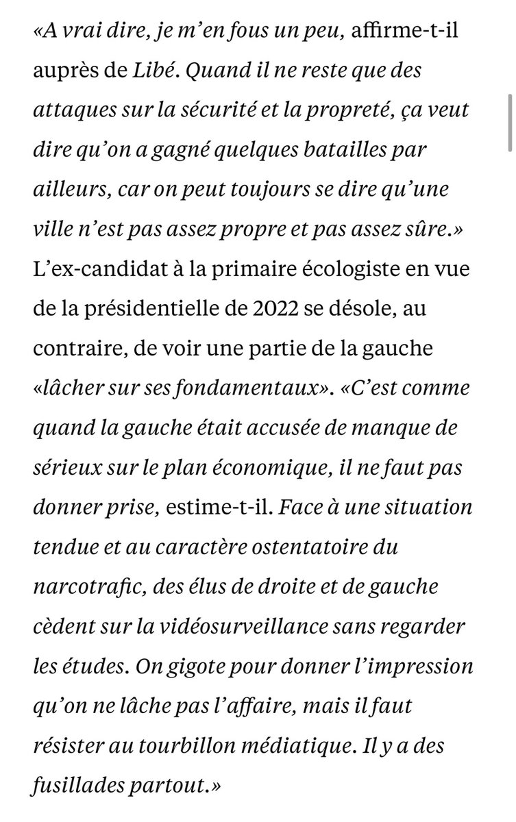 fxbellamy's tweet photo. Interrogé par Libé sur les critiques qui visent l’insécurité à Grenoble, désormais classée dans les villes les plus dangereuses de France, @EricPiolle répond : « Je m’en fous un peu. (…) Il faut résister au tourbillon médiatique. Des fusillades, il y en a partout. » Il faut donc s’habituer à se faire tirer dessus en pleine rue ? C’est le nouveau monde normal pour la gauche ? Un agent de propreté de sa ville a été tué par balle en tentant d’empêcher un délit de fuite : mais le problème du maire n’est pas la criminalité, c’est le « tourbillon médiatique. » Le déni tragique…