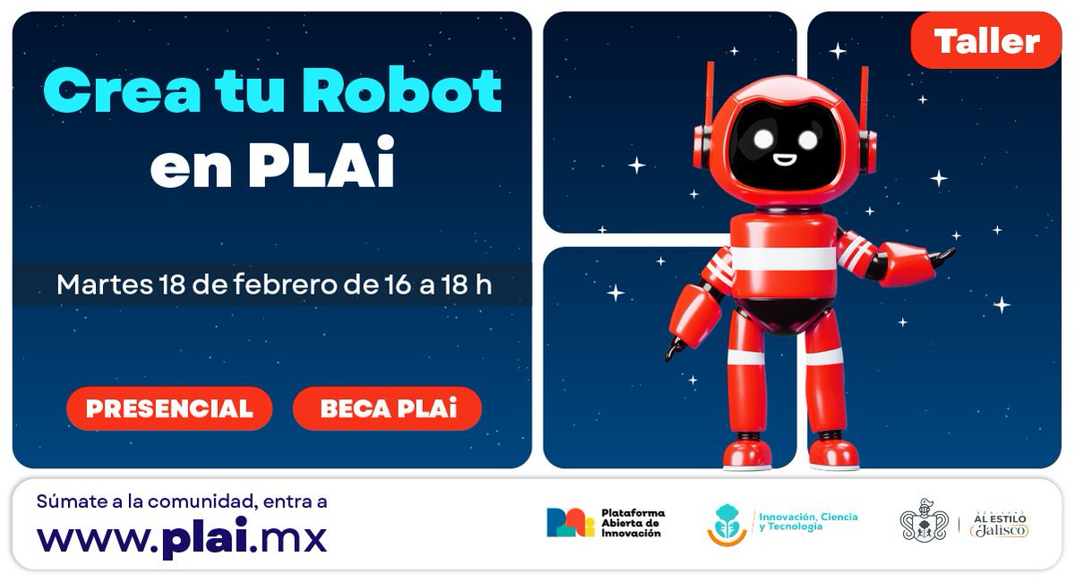 PLAi (@plai_mx) on Twitter photo ¡Conoce la historia y los alcances de la Robótica en PLAi! 🤖 ✨
Aprenderás a construir y programar un robot en el laboratorio de Invención y Robótica en la Torre C de <a href="/CCDJALISCO/">CiudadCreativaDigital</a>.
📆Martes 18 de febrero de 16 a 18 h.
Regístrate y obtén tu beca del 100%: bit.ly/3ECznOL ¡Conoce la historia y los alcances de la Robótica en PLAi! 🤖 ✨
Aprenderás a construir y programar un robot en el laboratorio de Invención y Robótica en la Torre C de <a href="/CCDJALISCO/">CiudadCreativaDigital</a>.
📆Martes 18 de febrero de 16 a 18 h.
Regístrate y obtén tu beca del 100%: bit.ly/3ECznOL