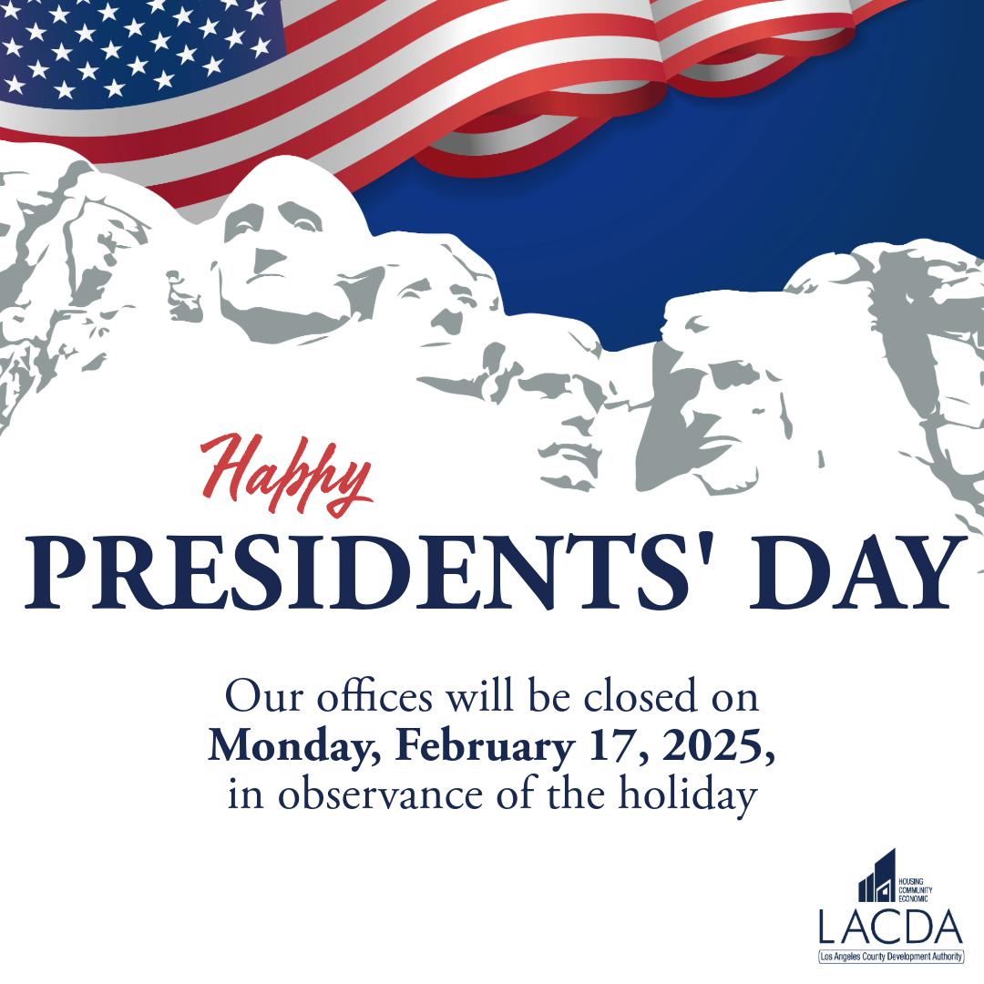LACDevAuthority's tweet image. Happy #PresidentsDay! The #LACDA offices are closed today in observance of the holiday and will reopen tomorrow, Tuesday, February 18, during our normal business hours.