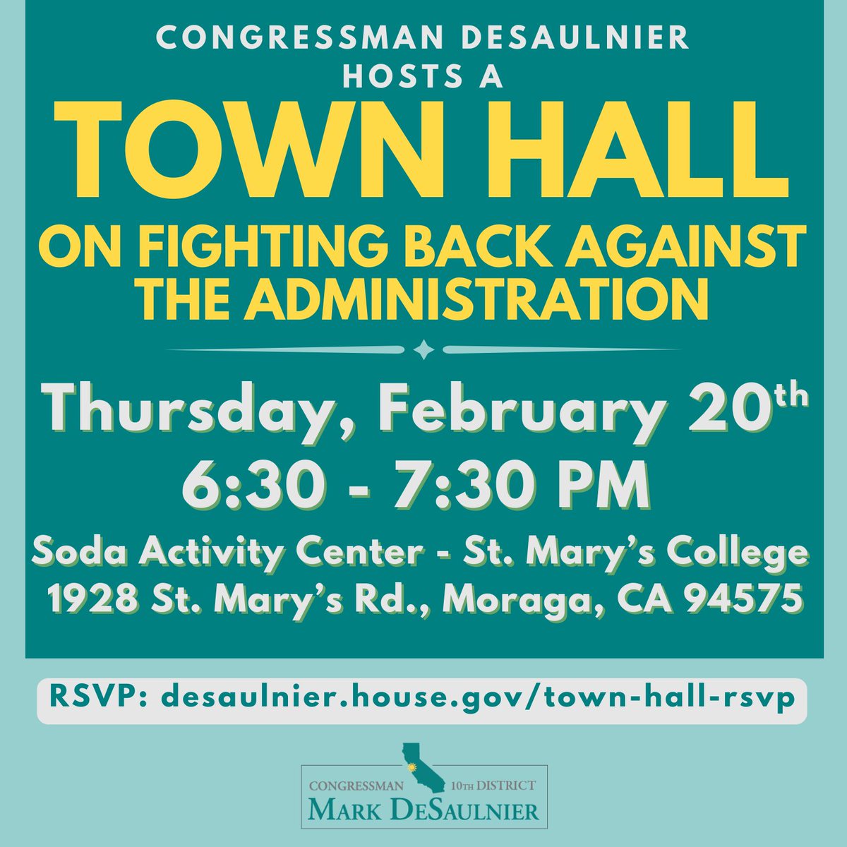 RepDeSaulnier's tweet photo. The President and unelected billionaire & DOGE head Elon Musk have threatened programs tens of millions of Americans rely on, federal workers’ livelihoods, important institutions like the Department of Education, and immigrant & LGBTQ+ communities. I’m hosting a town hall on Feb 20th at 6:30 p.m. in Moraga to talk about how House Democrats are fighting back with every tactic at our disposal. RSVP: https://t.co/zQ6uUwBVnu.