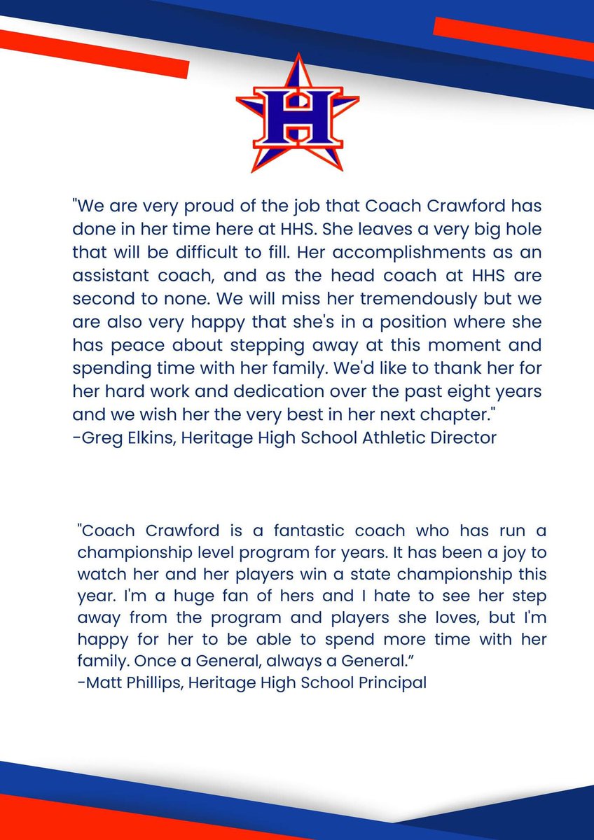 We are so thankful to Coach Crawford and her leadership the past 4 years and bringing home back-to-back State Championships! We are wishing her the best! ❤️💙