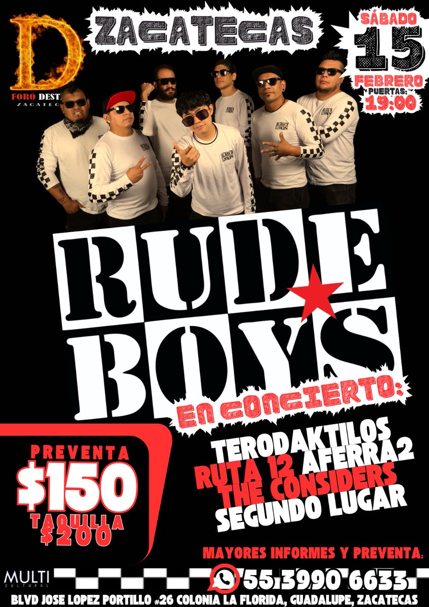 Sabado 15 de Febrero nos vemos en ZACATECAS 💥🎶 Foro Destroy.
#RudeBoys #Ska #Zacatecas
