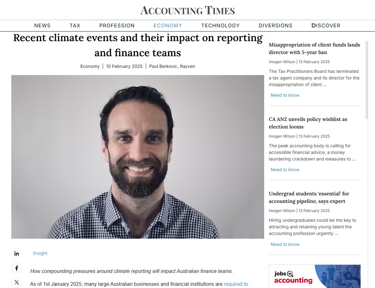 See what Paul had to say in <a href="/accgtimes/">Accounting Times</a> about how recent climate reporting regulations will impact Australian #finance teams and the importance of real-time #data for #sustainability initiatives hubs.li/Q036wXcS0 #ESG #Rayven #Reporting #RealTime #SustainabilityReports