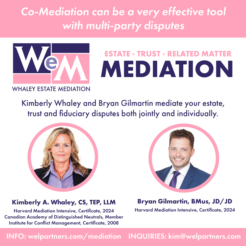 WEL Partners (@welpartners) on Twitter photo Co-Mediation can be a very effective tool with multi-party disputes. Kimberly Whaley and Bryan Gilmartin mediate your estate, trust and fiduciary disputes both jointly and individually.
Info: welpartners.com/mediation
Inquiries: kim@welpartners.com
#mediation #estatemediation Co-Mediation can be a very effective tool with multi-party disputes. Kimberly Whaley and Bryan Gilmartin mediate your estate, trust and fiduciary disputes both jointly and individually.
Info: welpartners.com/mediation
Inquiries: kim@welpartners.com
#mediation #estatemediation