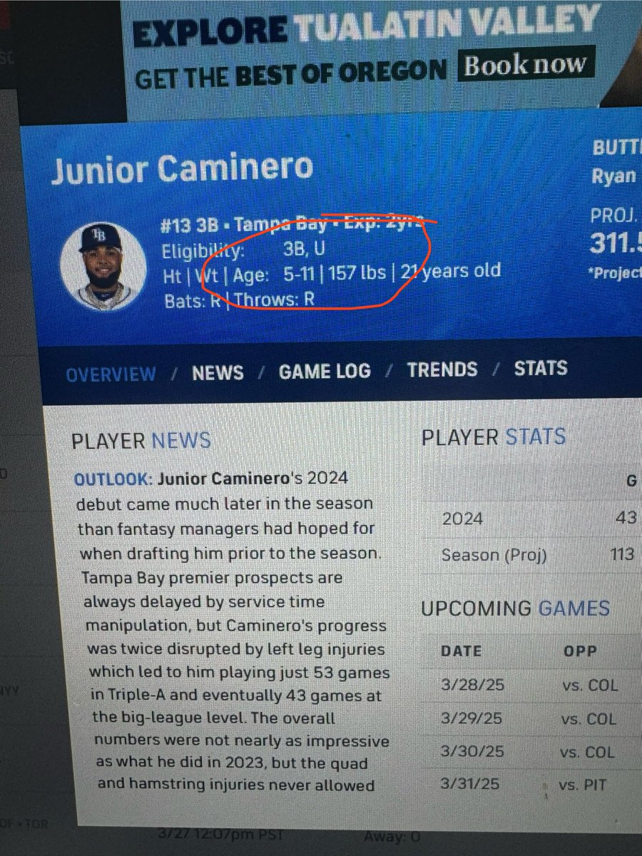 stevejoe3's tweet photo. Hey my brother @CBSScottWhite I saw that it took Junior Caminero 58 seconds to trot the bases the other day. Which makes sense because he looks quite rolly polly. But it says he only weighs 157lbs? Is this a typo or is he cutting carbs https://t.co/0xoWeX8Oqr