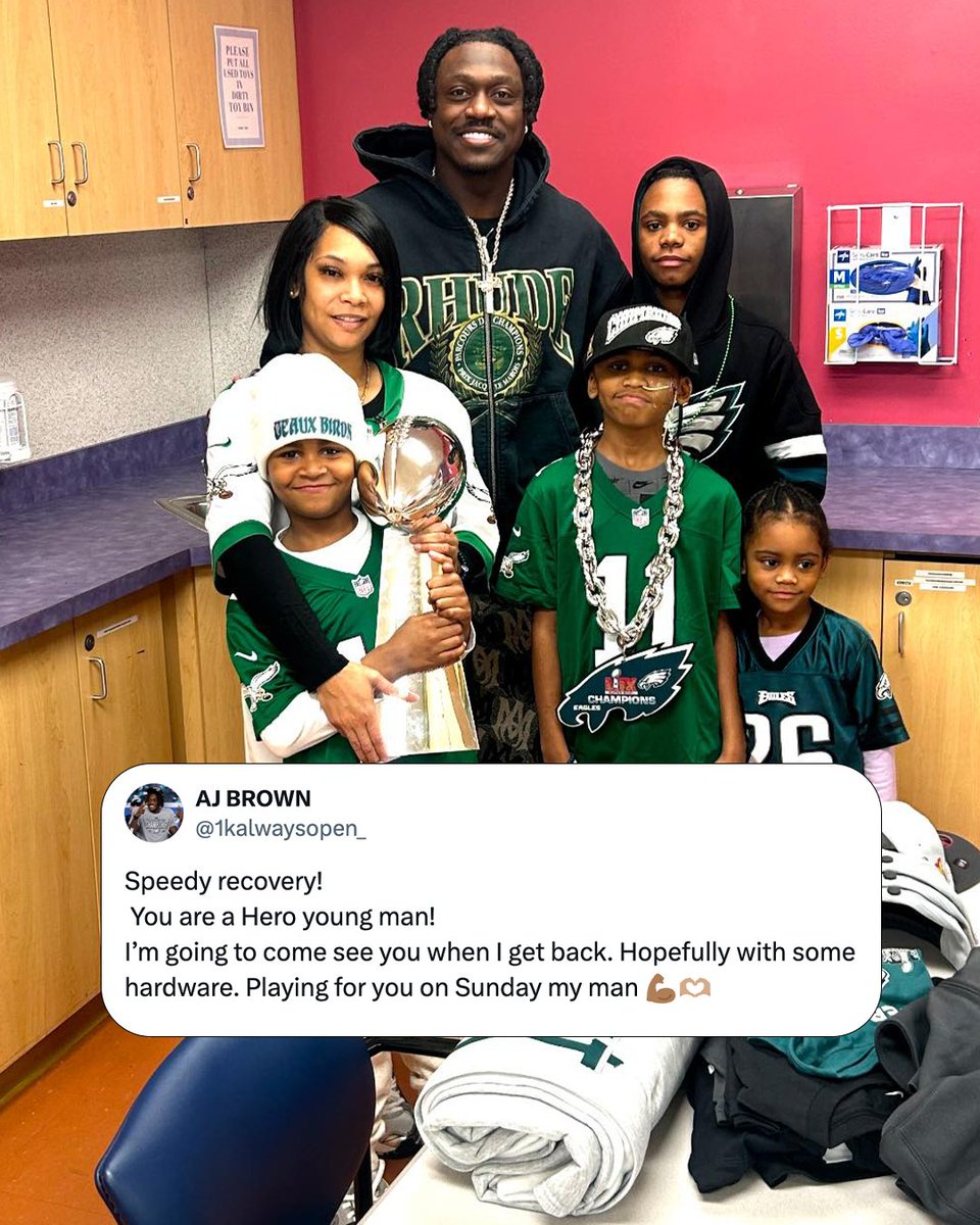 JamieApody's tweet image. AJ Brown - a man good on his word. Showed up at @ChildrensPhila today with the Lombardi Trophy and some gear for young Andre Howard, who was hit in the head by debris after shielding his sister during the NE Philly plane crash. I think I have a new favorite Eagle. @1kalwaysopen_