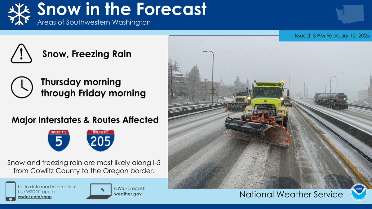NWSPortland's tweet photo. Snow &amp; freezing rain are forecast to impact major interstates Thursday-Friday, including I-5, I-205, &amp; I-84. If you have travel plans, be prepared for slick &amp; hazardous conditions. Keep an eye on the forecast at https://t.co/uYjtSFqIor. Check road conditions before you go! https://t.co/1j1NQi3xxY
