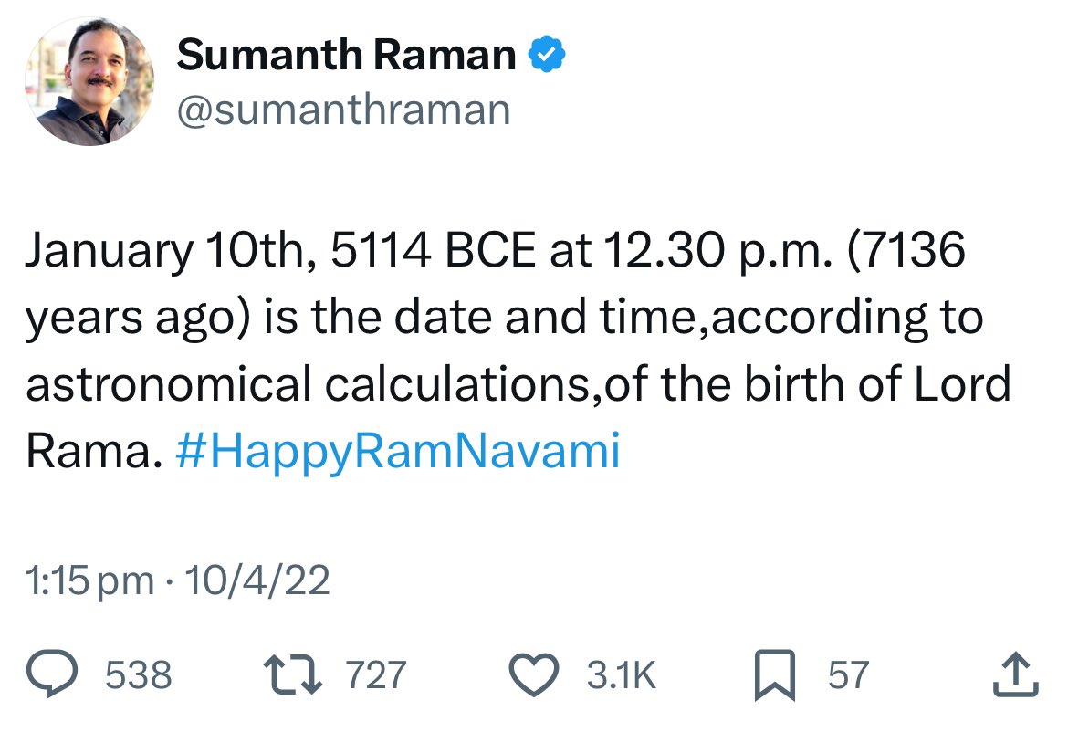 KumaranTamizhi's tweet image. With zero scientific evidence you can easily claim that Ram was born on January 10th, 5114 BCE. But happily reject that work of Government which has followed the scientific method for analyzing the archaeological findings. Do some justice for your medical degree. Thanks