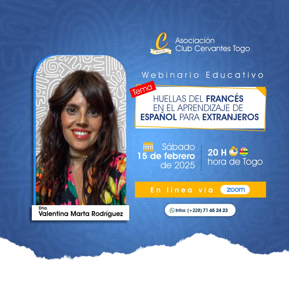 Club Cervantes Togo (@club_cervantes) on Twitter photo Nous sommes ravis de vous inviter à notre prochain webinaire éducatif sur "Traces du français dans l'apprentissage de l'espagnol pour les étrangers". Notre invitée, Valentina Marta Rodríguez ( Professeure associée du <a href="/FFT_Uvigo/">UVigo Filoloxía e Tradución</a> à <a href="/uvigo/">Universidade de Vigo</a> ) partagera avec vous ⬇️
<a href="/kmnatchaba/">Kanka-Malik Natchaba</a> Nous sommes ravis de vous inviter à notre prochain webinaire éducatif sur "Traces du français dans l'apprentissage de l'espagnol pour les étrangers". Notre invitée, Valentina Marta Rodríguez ( Professeure associée du <a href="/FFT_Uvigo/">UVigo Filoloxía e Tradución</a> à <a href="/uvigo/">Universidade de Vigo</a> ) partagera avec vous ⬇️
<a href="/kmnatchaba/">Kanka-Malik Natchaba</a>