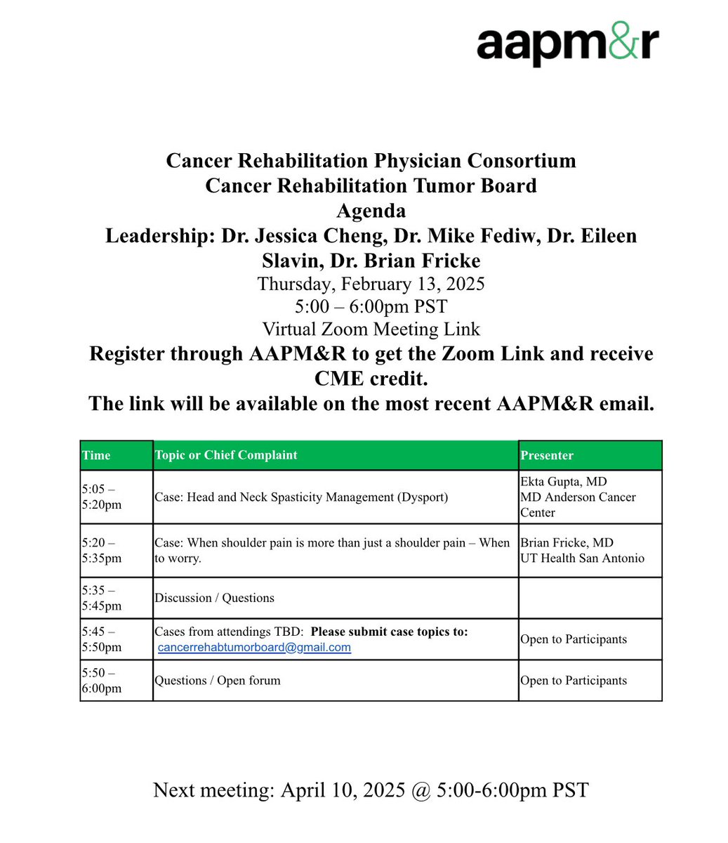 Jessica Cheng, MD (@drjesscheng) on Twitter photo <a href="/CancerRehabDocs/">CancerRehabDocs</a> This is tomorrow! Register through @aapmr online learning portal.
- spasticity in head and neck cancer <a href="/EGuptaMD/">Ekta Gupta Sharma, MD</a>
- shoulder pain <a href="/CancerRehabDocs/">CancerRehabDocs</a> This is tomorrow! Register through @aapmr online learning portal.
- spasticity in head and neck cancer <a href="/EGuptaMD/">Ekta Gupta Sharma, MD</a>
- shoulder pain